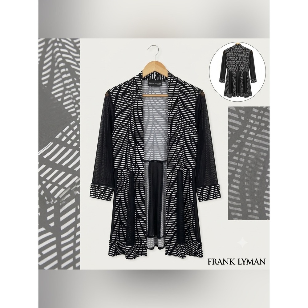 Frank Lyman Open Front Cardigan Womens M Black White Geometric Mesh 46378 Canada